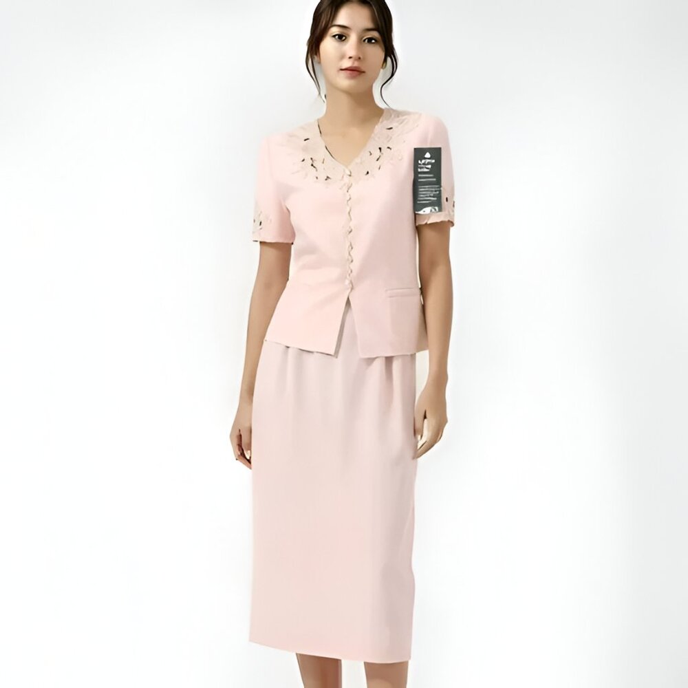 NWT Kasper Pastel Pink Embroidered Maxi Long Dress Skirt 10P Blazer 8P Set Suit